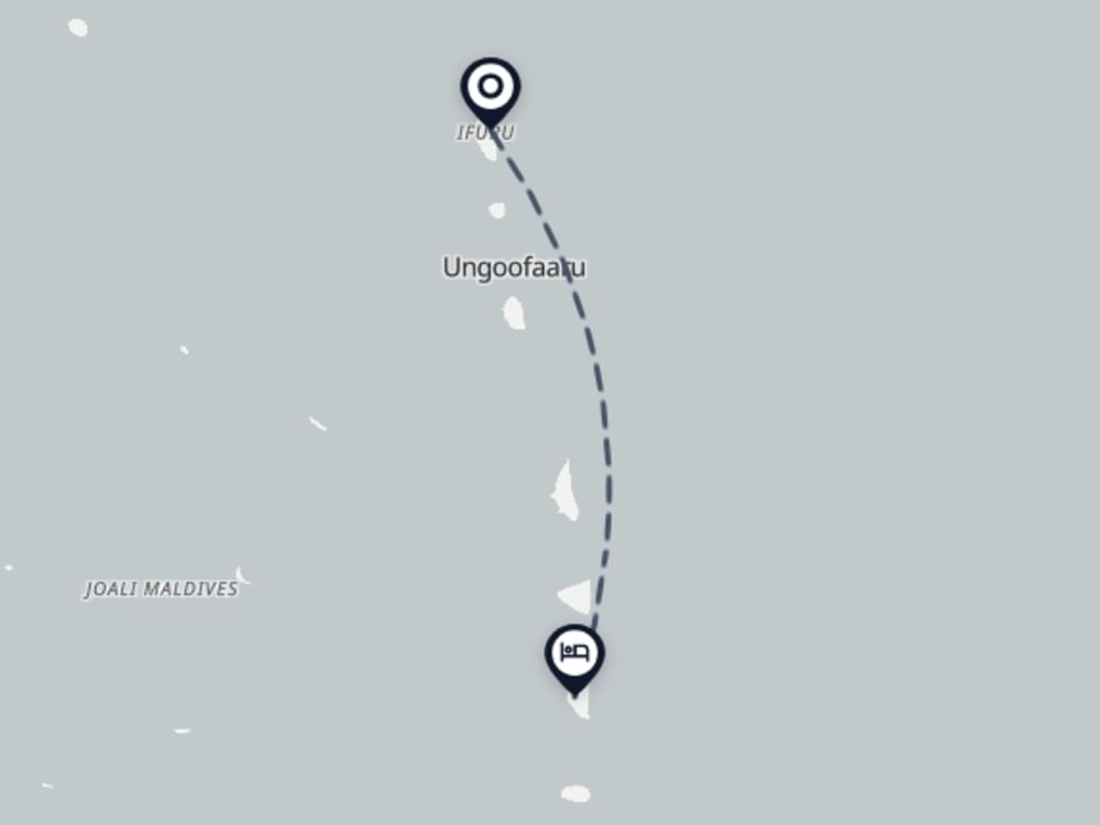 Map showing route from Ifuru Island Airport to RAAYA By Atmosphere