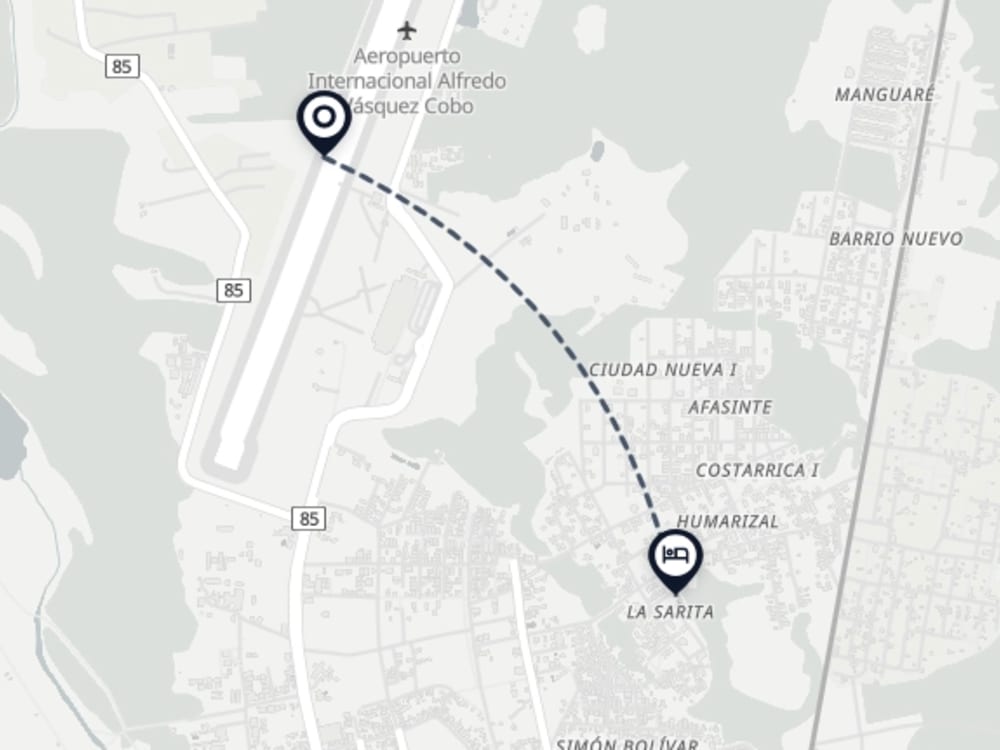 Map showing route from Leticia Airport to Hotel Utuane