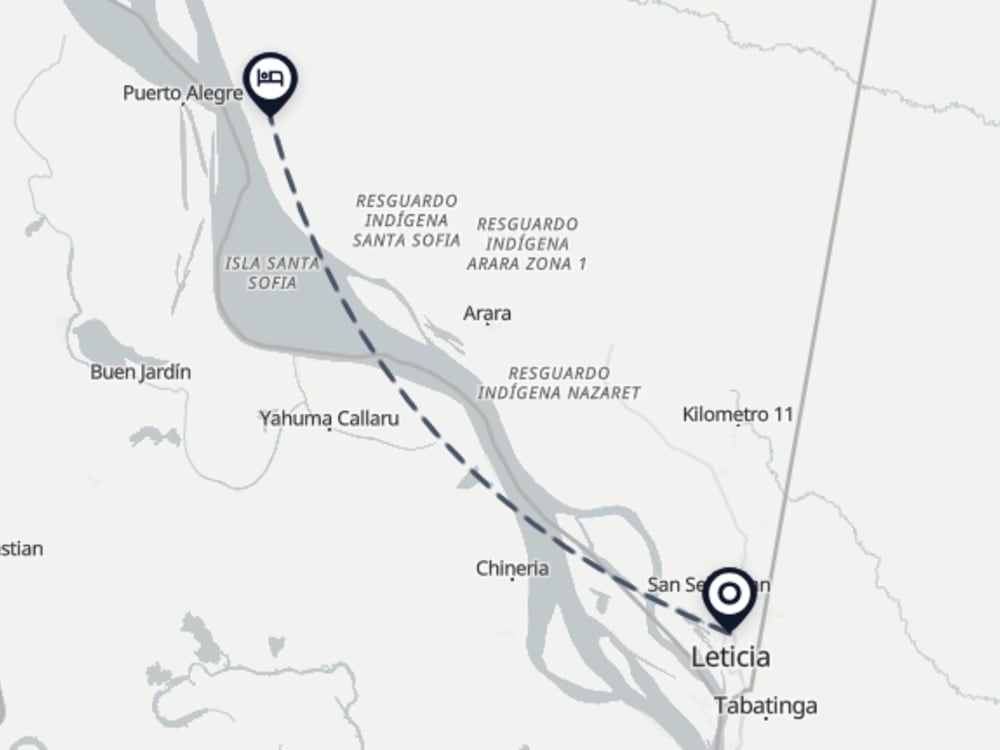 Map showing route from Leticia Airport to Reserva Indígena Maguare