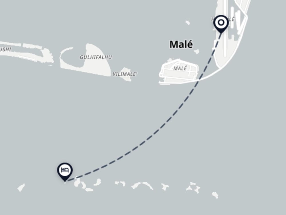 Map showing route from Malé Airport to Adaaran Prestige Vadoo