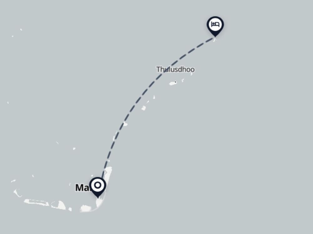 Map showing route from Malé Airport to Crown Beach Villas