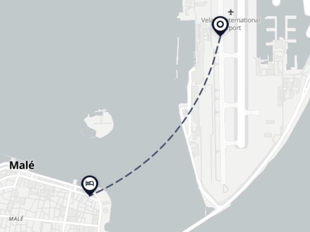 Map showing route from Malé Airport to Mookai Hotel