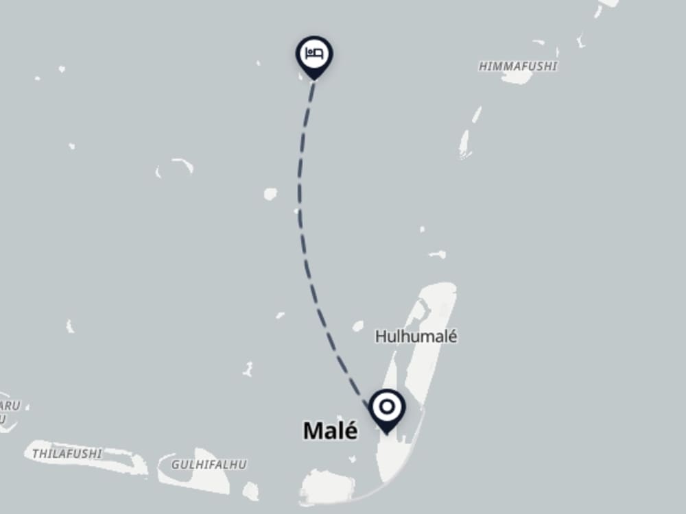 Map showing route from Malé Airport to OBLU XPERIENCE Ailafushi
