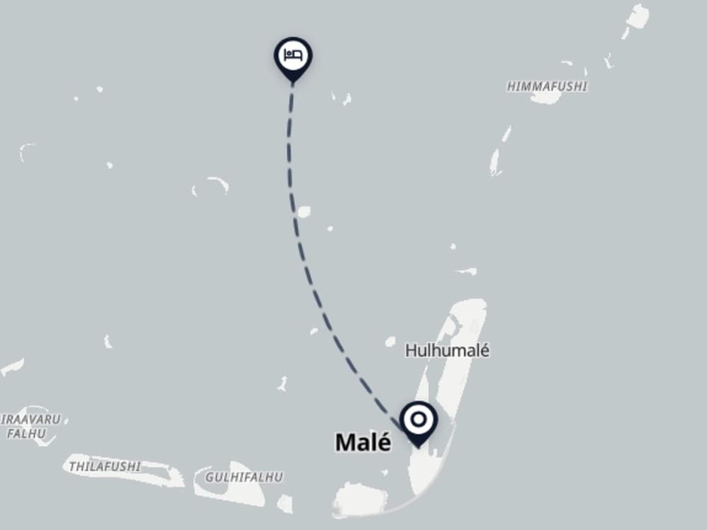 Map showing route from Malé Airport to Thulhagiri Island Resort