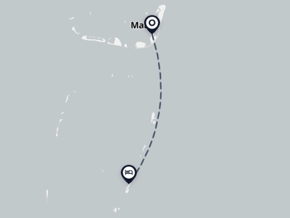 Map showing route from Malé Airport to WhiteShell Island Hotel & Spa
