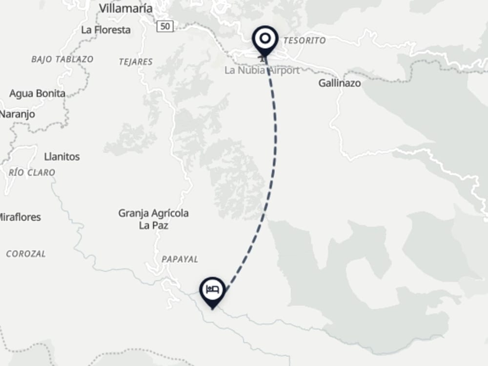 Map showing route from Manizales Airport to El Nido del Cóndor Ecolodge