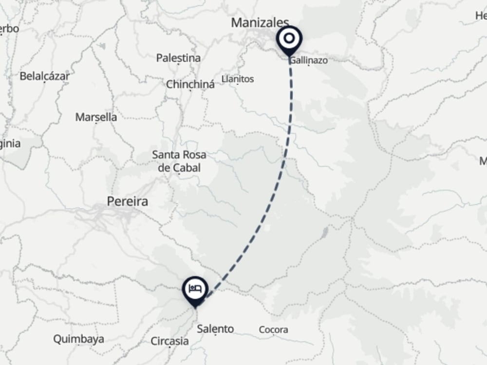 Map showing route from Manizales Airport to Finca Campestre La Adelita