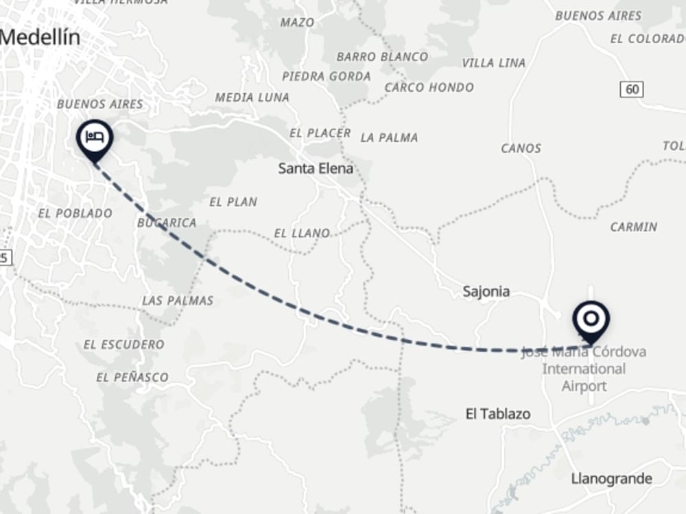 Map showing route from Medellín Airport to InterContinental Medellin