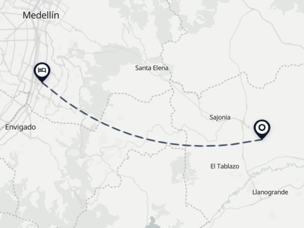 Map showing route from Medellín Airport to Medellin Marriott Hotel