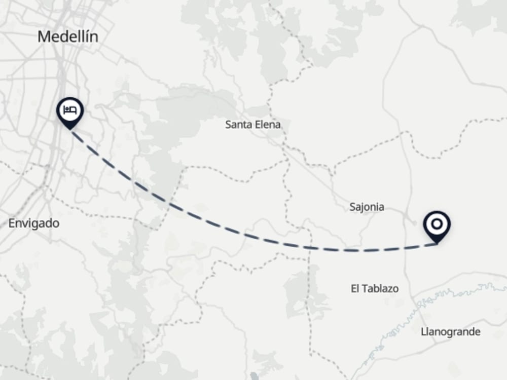 Map showing route from Medellín Airport to Open Concept Penthouse Loft at Nido Sky