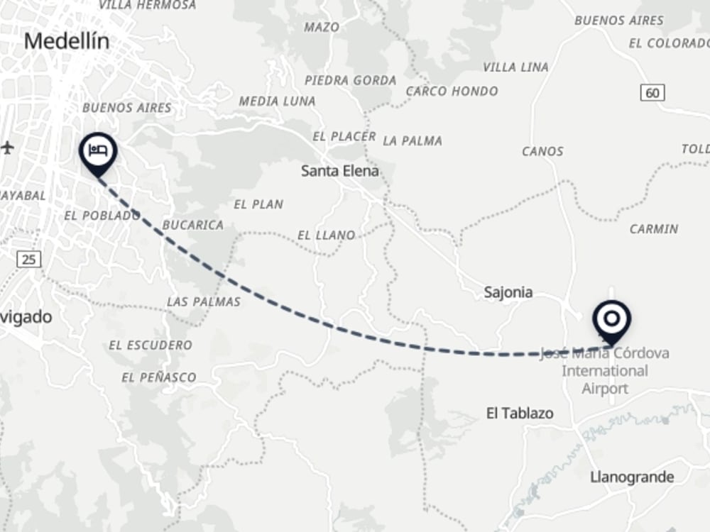 Map showing route from Medellín Airport to Provenza 511