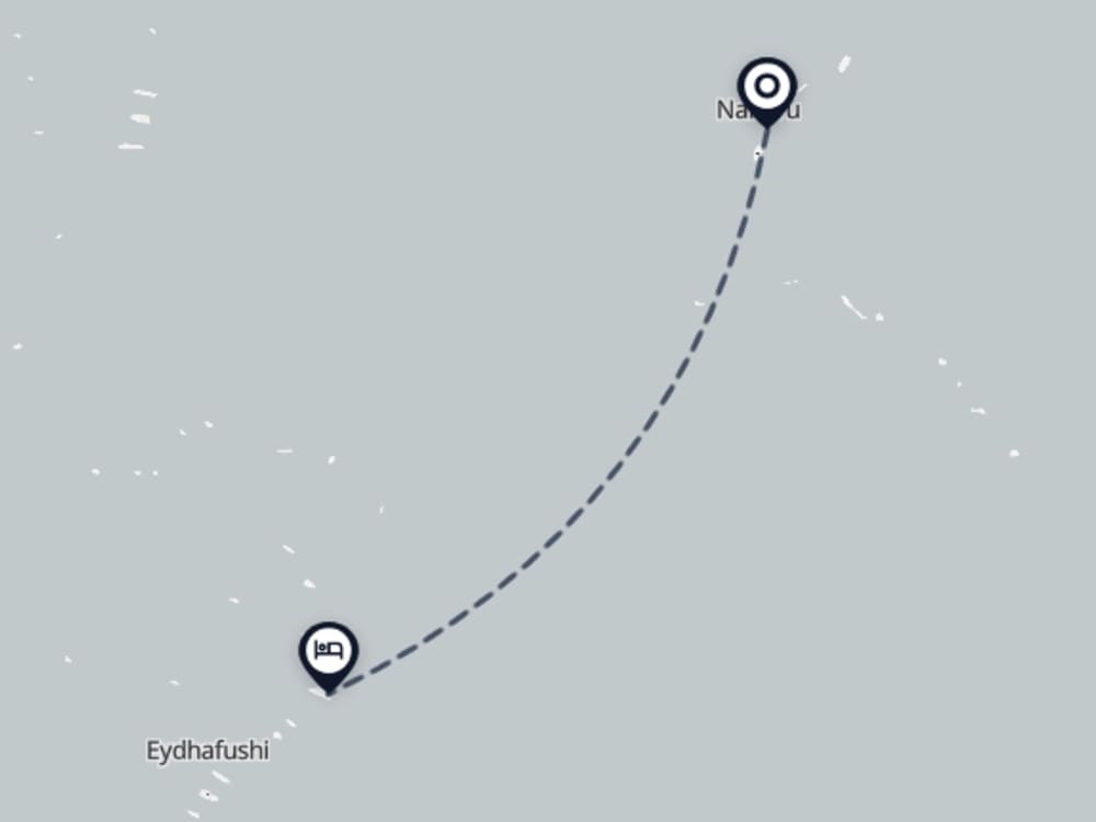 Map showing route from Naifaru Airport to Blue World Dharavandhoo