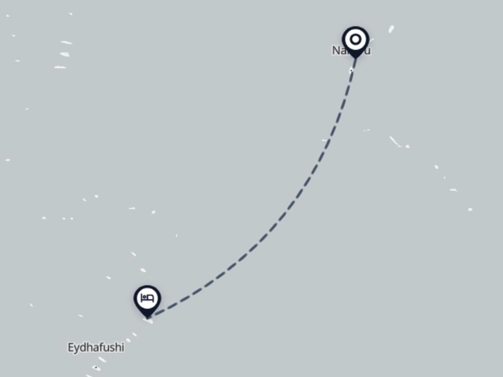 Map showing route from Naifaru Airport to Chak'z 1964 Beach