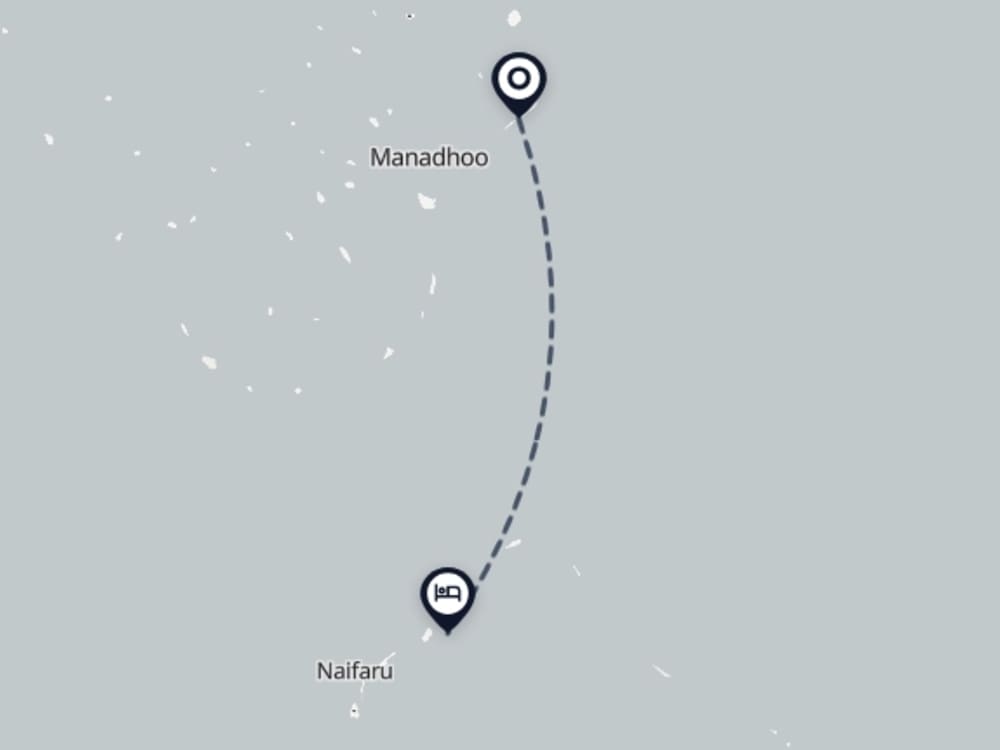 Map showing route from Noonu Atoll Airport to Komandoo Island Resort & Spa