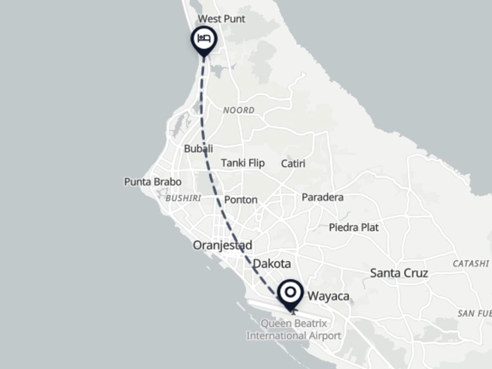Map showing route from Oranjestad Airport to Aruba Marriott Resort & Stellaris Casino