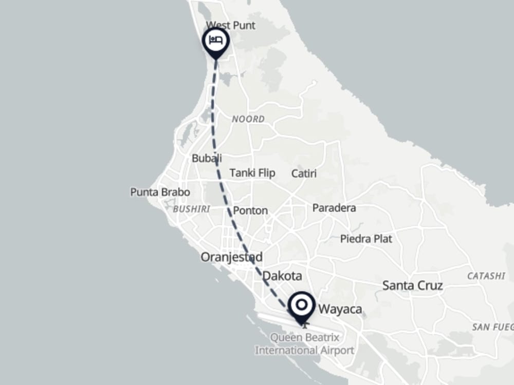 Map showing route from Oranjestad Airport to Boardwalk Boutique Hotel Aruba