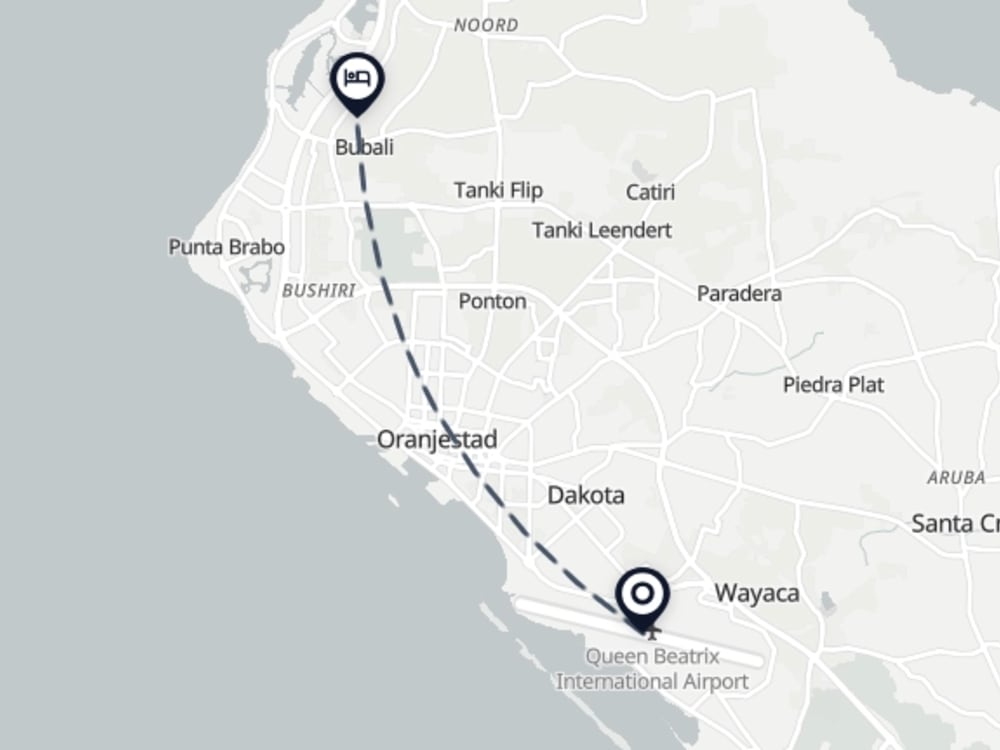 Map showing route from Oranjestad Airport to Bubali Luxury Apartments