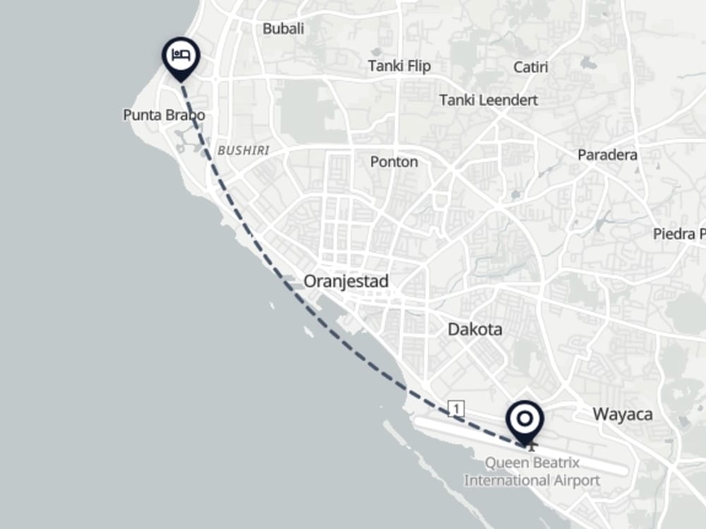 Map showing route from Oranjestad Airport to Dorado Eagle Beach Hotel