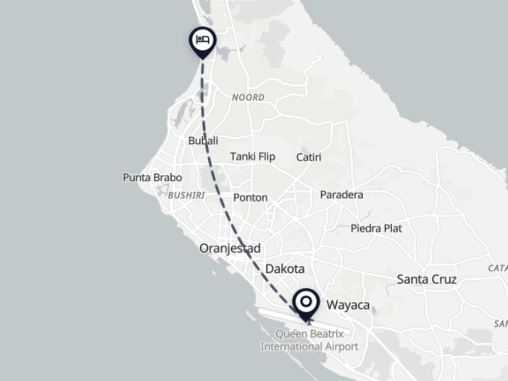 Map showing route from Oranjestad Airport to Holiday Inn Resort Aruba - Beach Resort & Casino