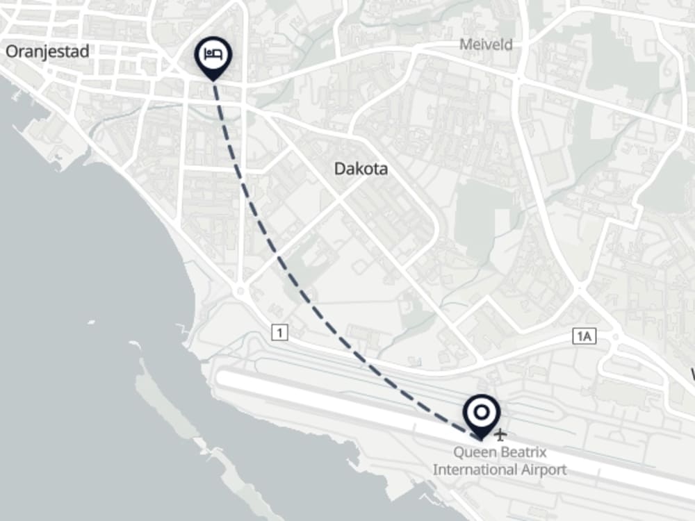 Map showing route from Oranjestad Airport to Hotel California