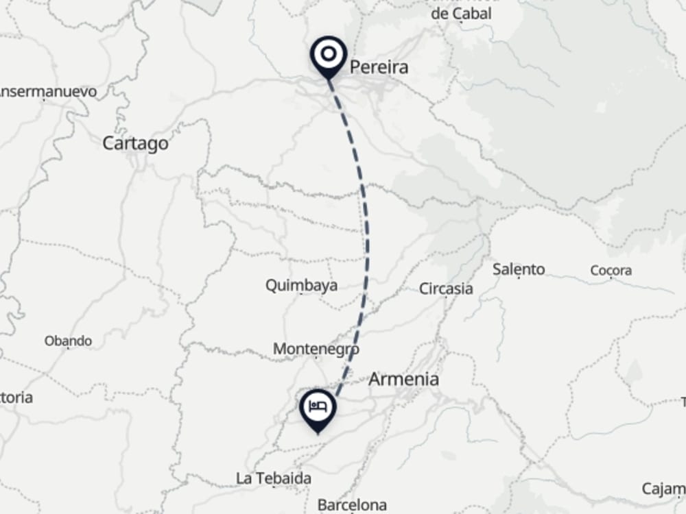 Map showing route from Pereira Airport to Casa de Campo el Edén