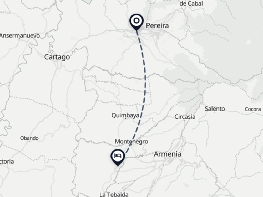 Map showing route from Pereira Airport to Casa Mar Verde