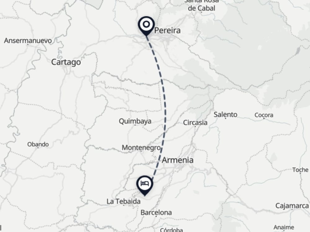 Map showing route from Pereira Airport to Chalet Santa Inés