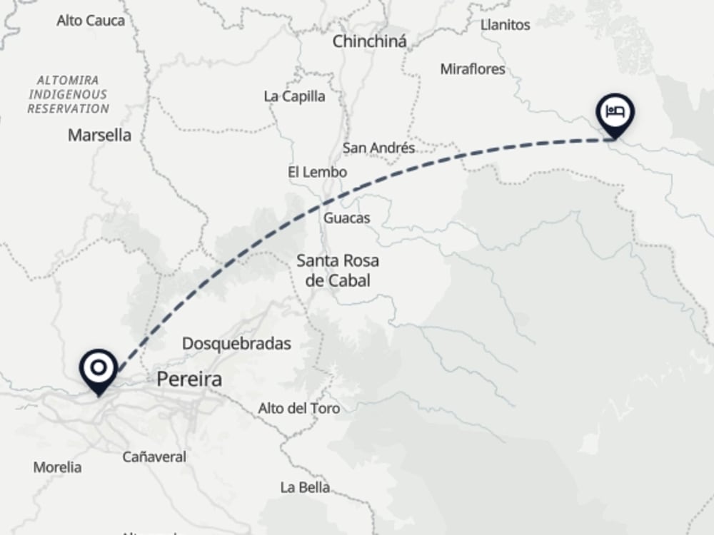 Map showing route from Pereira Airport to El Nido del Cóndor Ecolodge