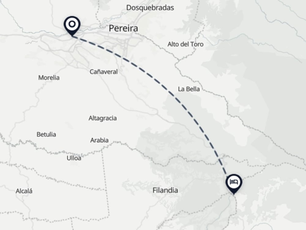 Map showing route from Pereira Airport to Finca Campestre La Adelita