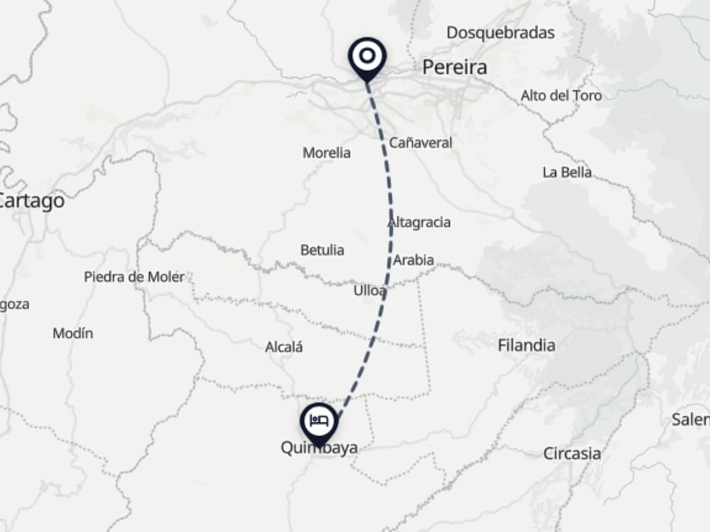 Map showing route from Pereira Airport to Hotel Finca El Rincón