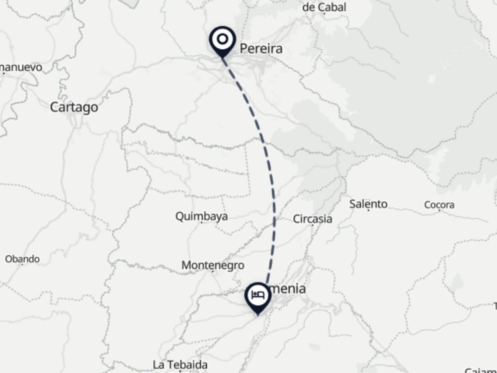 Map showing route from Pereira Airport to La María Nature Reserve