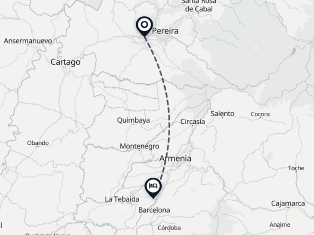 Map showing route from Pereira Airport to Tres Colinas Estancia 27