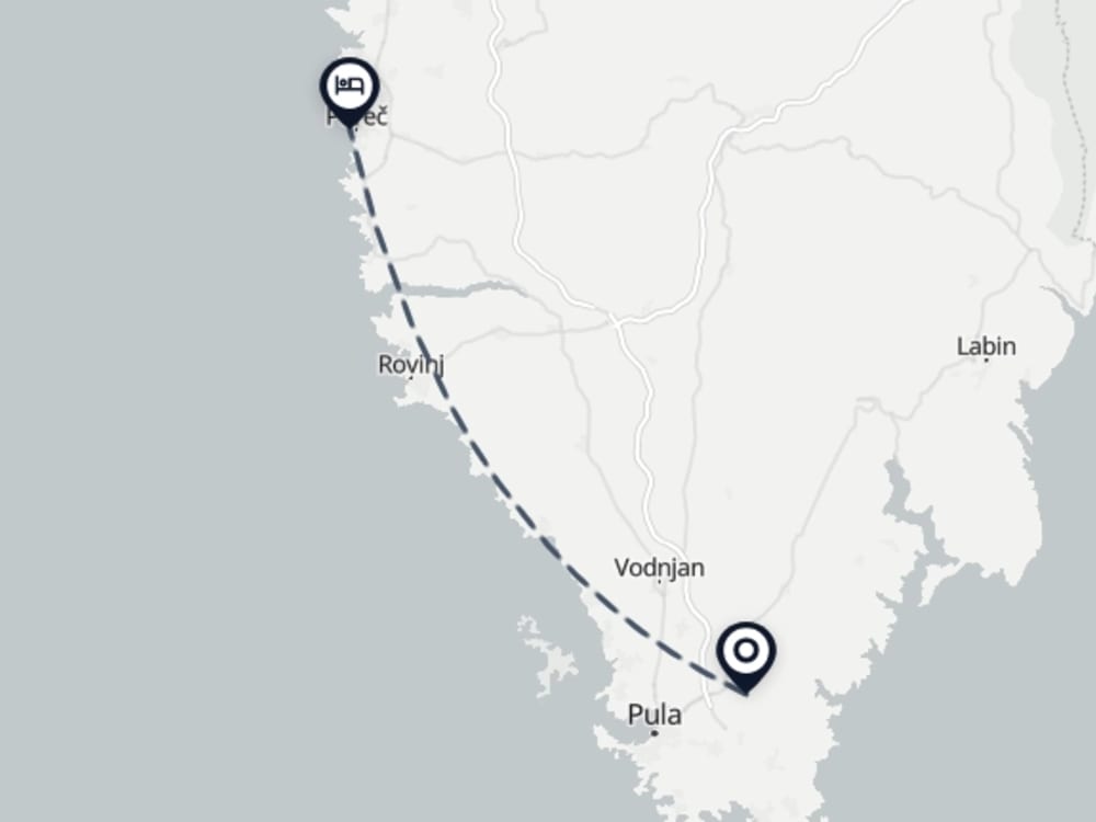 Map showing route from Pula Airport to Jadran Heritage Hotel