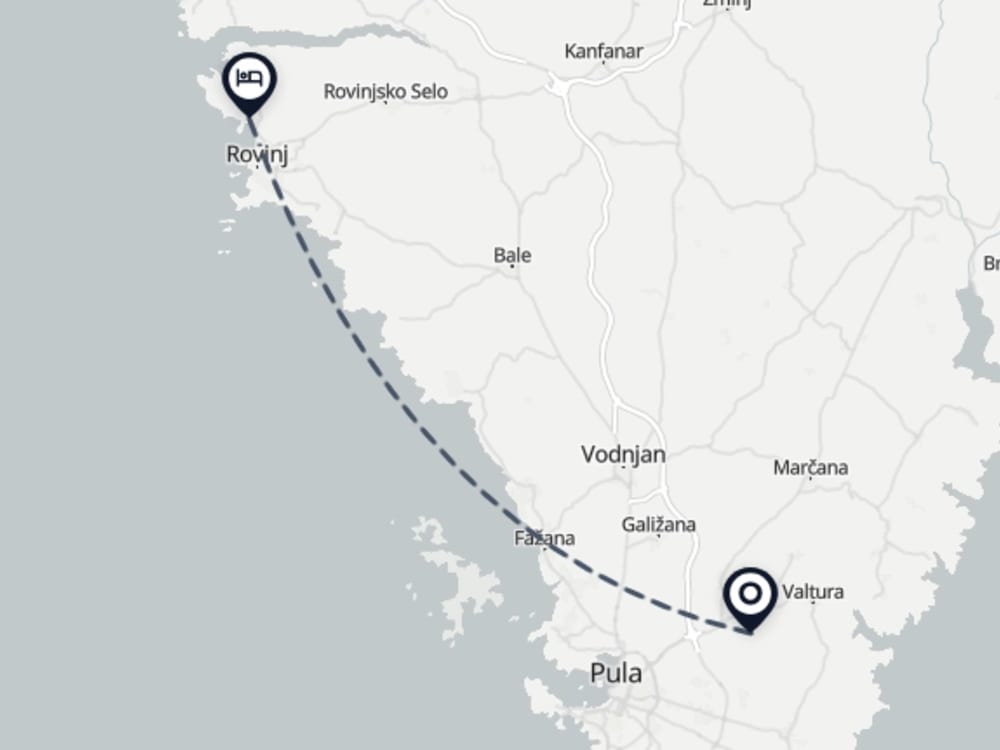 Map showing route from Pula Airport to Level 5 Rovinj