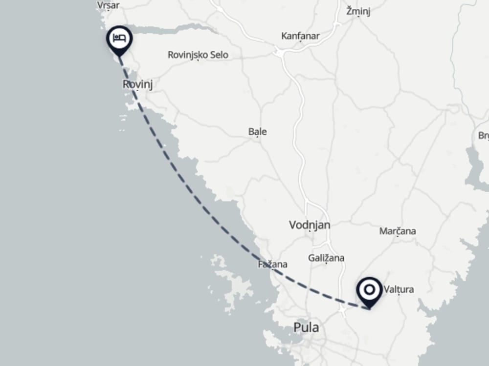 Map showing route from Pula Airport to Maistra Select Family Hotel Amarin