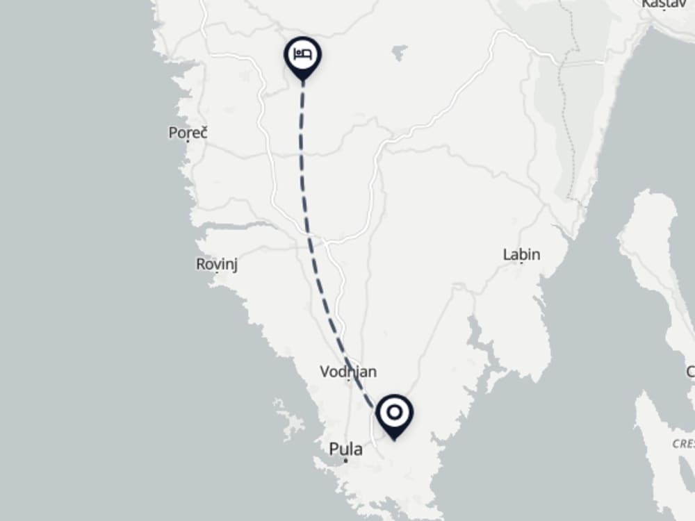 Map showing route from Pula Airport to Villa Dani
