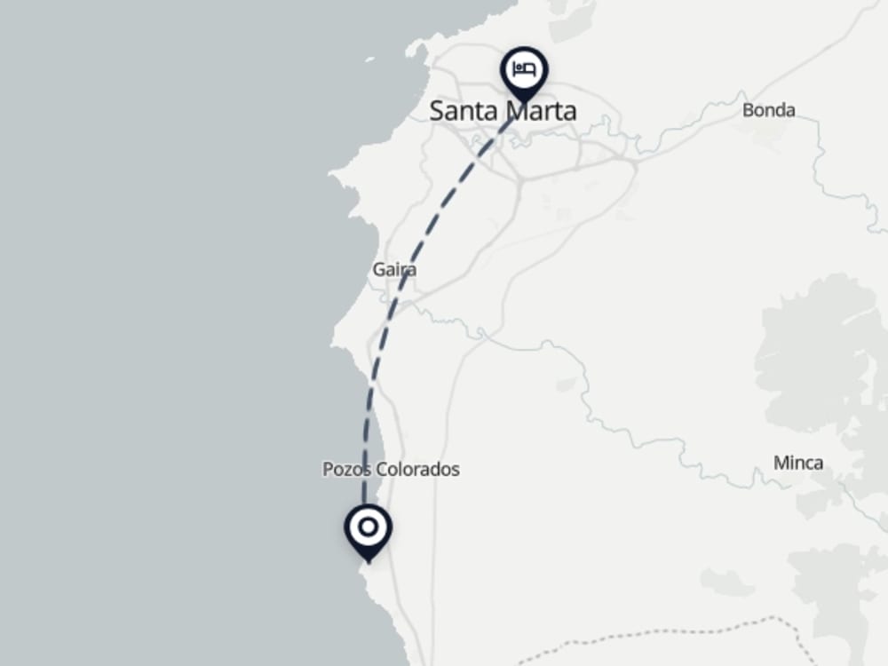 Map showing route from Santa Marta Airport to Casa Hotel Jardín Plaza