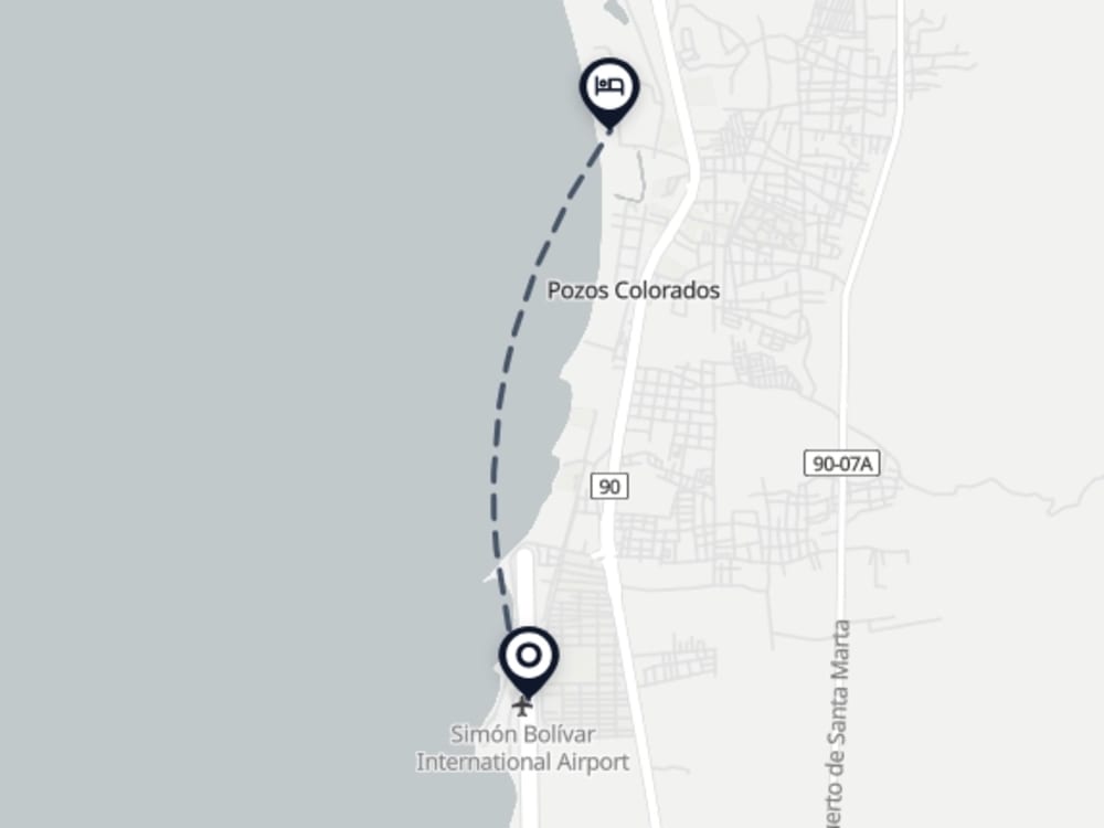 Map showing route from Santa Marta Airport to Nuruma Suites by Avia Suites