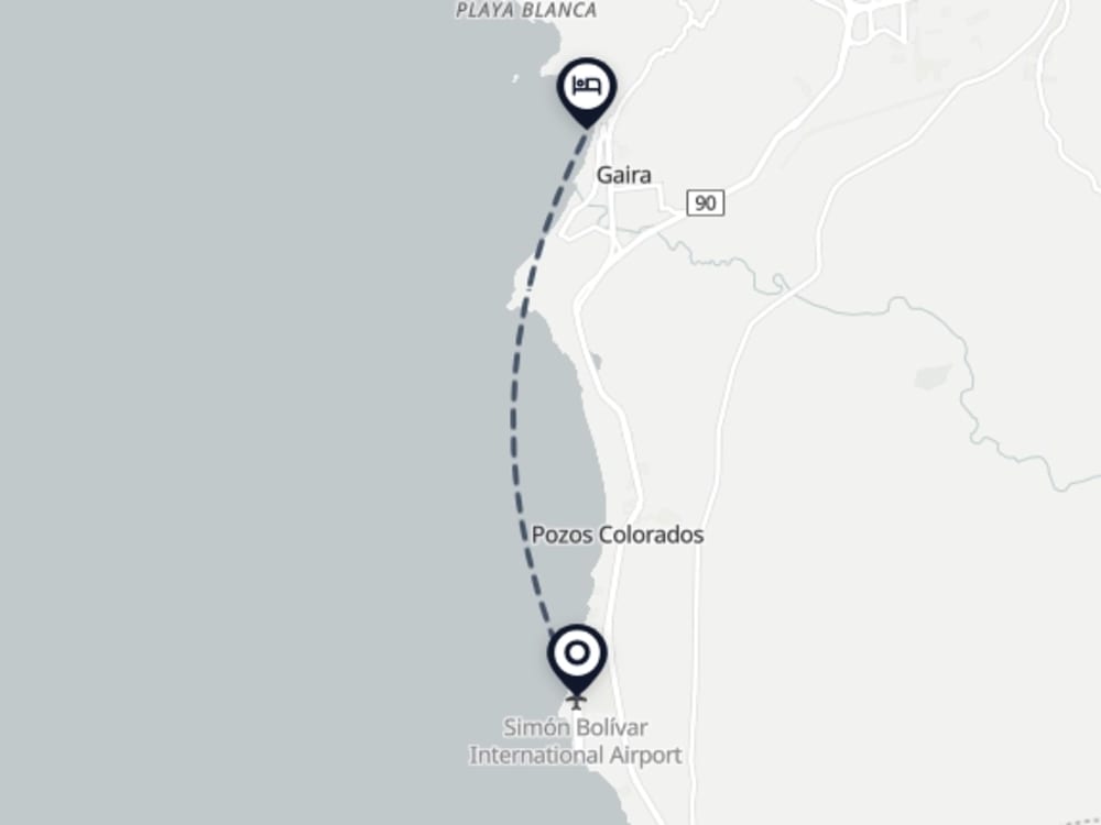 Map showing route from Santa Marta Airport to Samaria Club de Playa