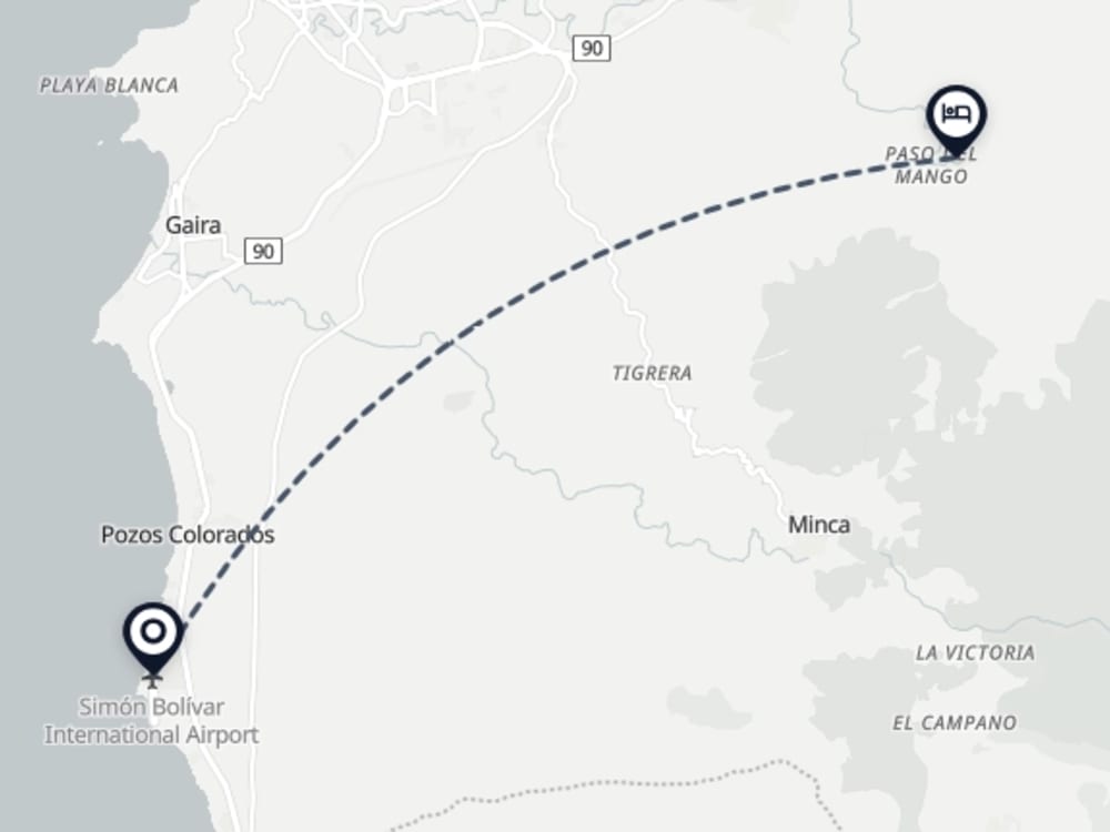 Map showing route from Santa Marta Airport to Sierra Limón Room Souma Suite
