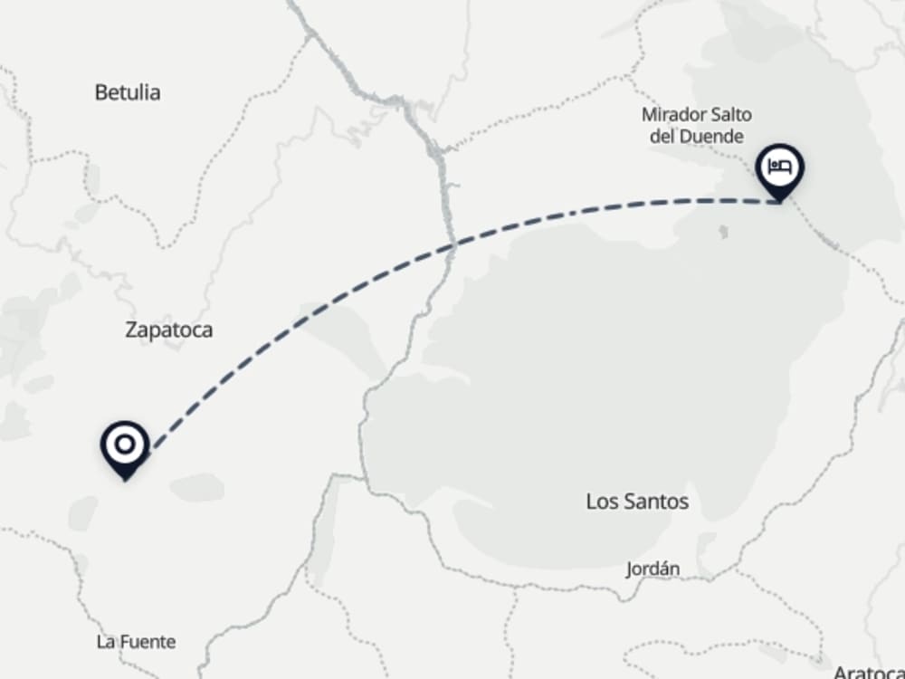 Map showing route from Zapatoca Airport to Hacienda El Roble