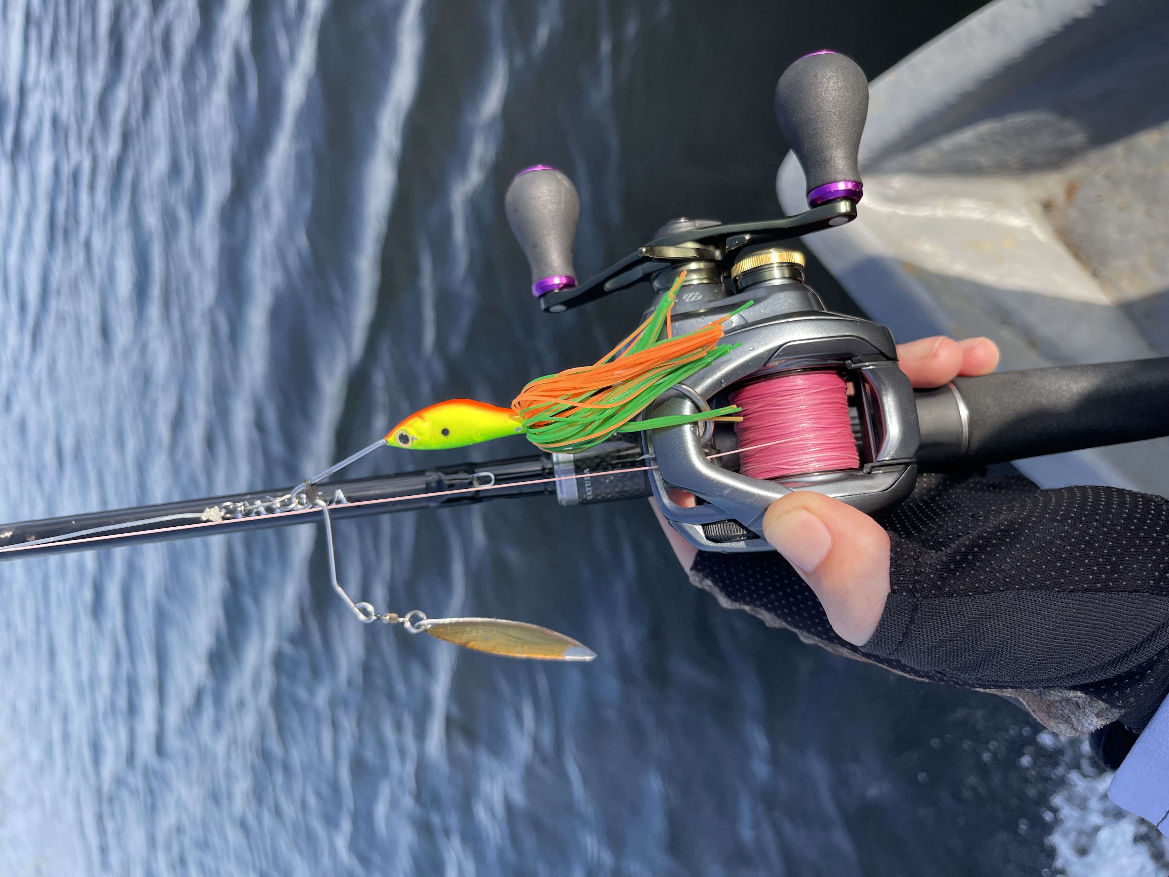 Spinnerbait rig on a baitcasting rod used for giant snakehead fishing in Thailand