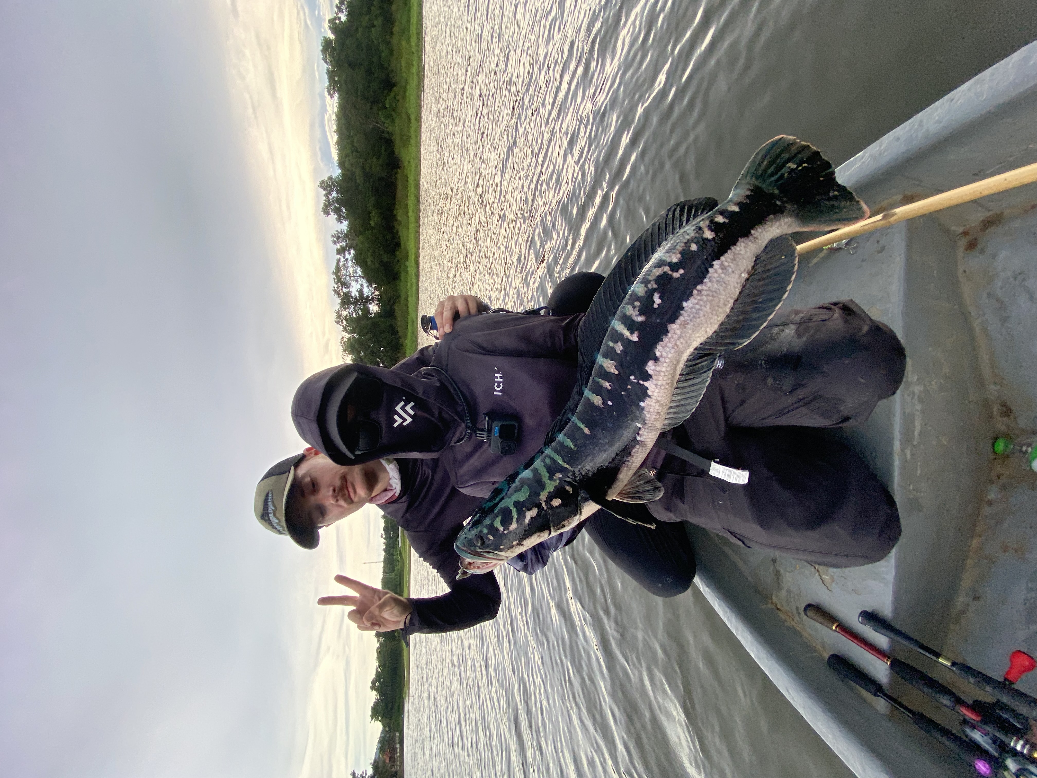 Two anglers holding a giant snakehead from a small fishing boat in Thailand