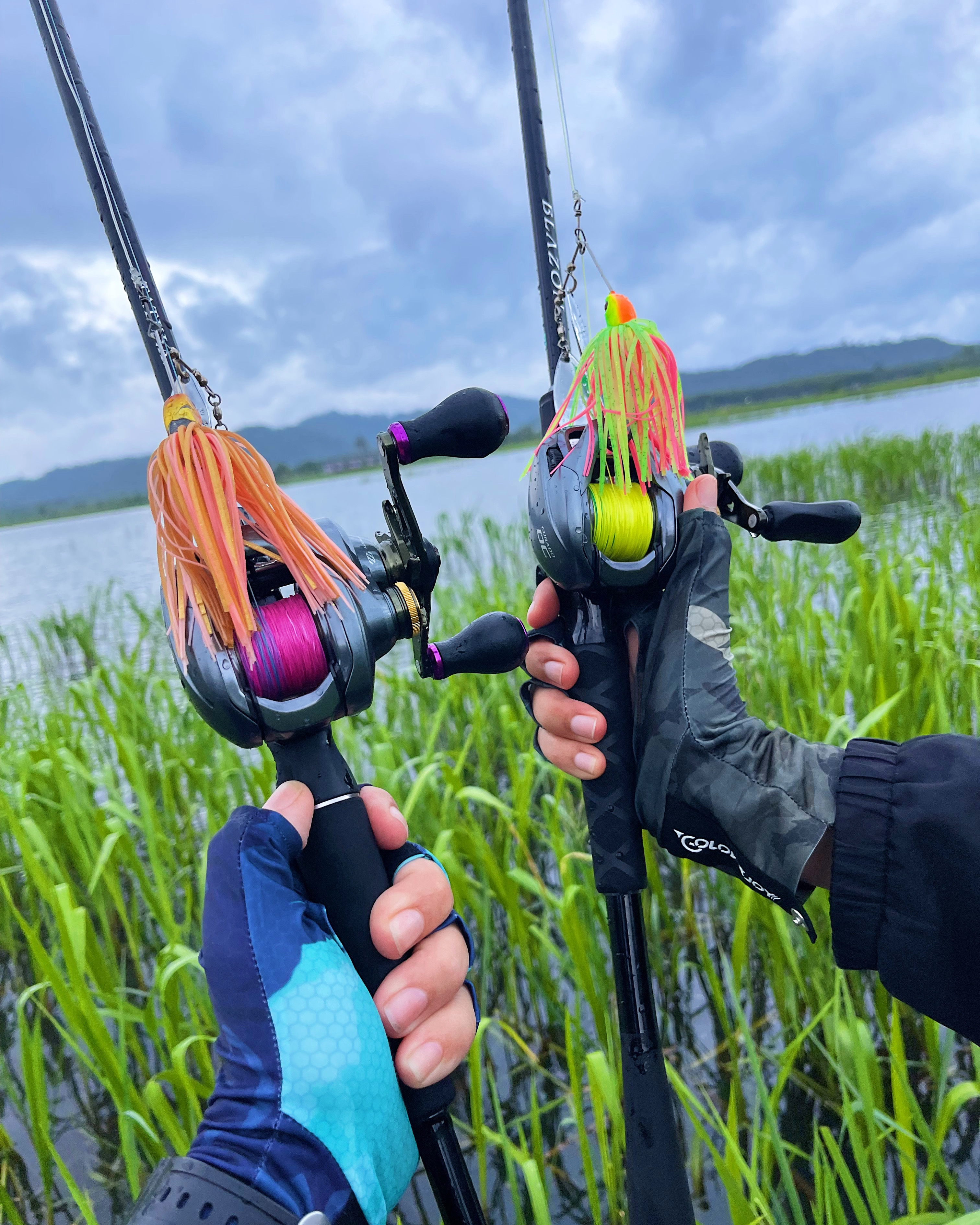 Two spinnerbait rods prepared for giant snakehead fishing near grass beds in Thailand