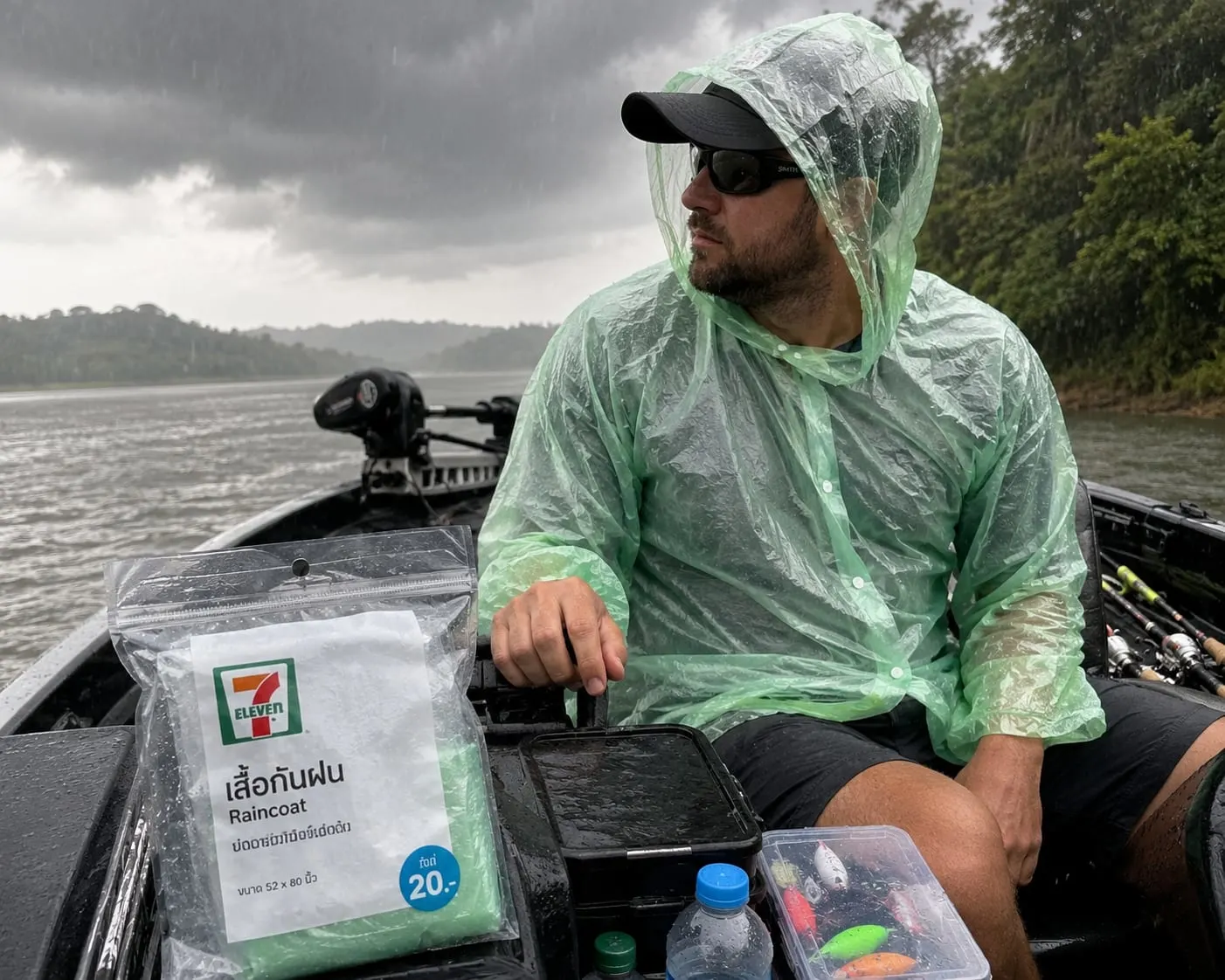 Angler wearing a translucent green 7-Eleven plastic raincoat on a fishing boat during a tropical rainstorm in Thailand, with a lure box and fishing rods visible nearby.