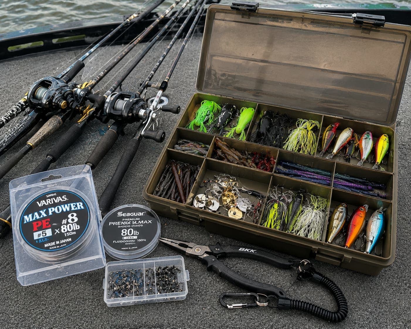 Snakehead fishing tackle laid out on a boat deck, including multiple baitcasting rods and reels, a tackle box filled with frogs, spinnerbaits, soft plastics, and crankbaits, Varivas 80lb braided line, Seaguar 80lb fluorocarbon leader, BKK pliers, and a small hook box.