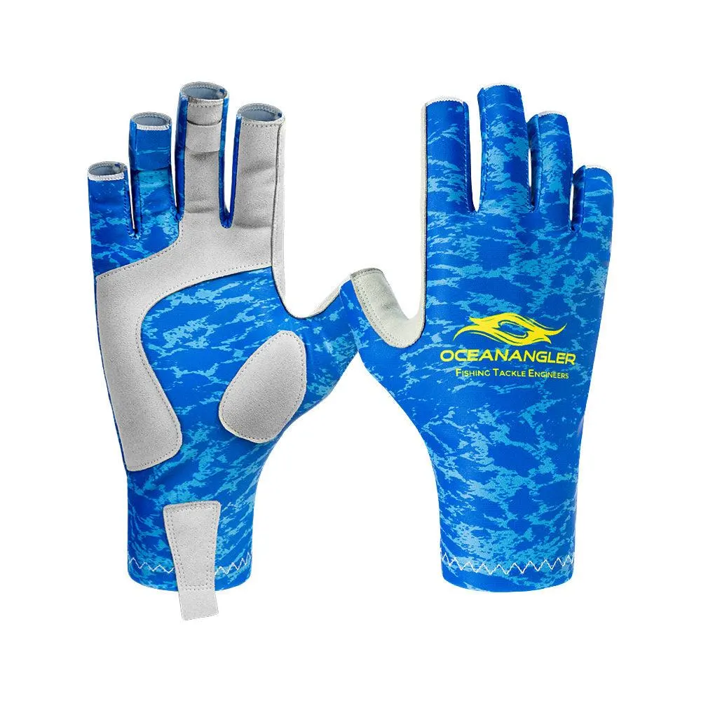 A pair of blue OceanAngler fingerless sun protection fishing gloves with grey synthetic leather palm padding, shown front and back against a white background.