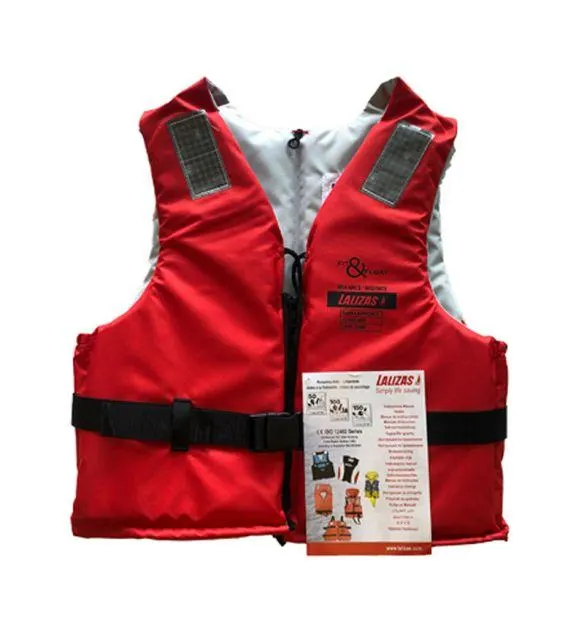 Red and white Lalizas foam life jacket with black buckle strap and reflective patches, displayed against a white background.