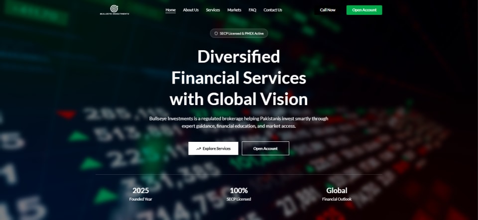 Bullseye Investments website homepage showing its financial services offer