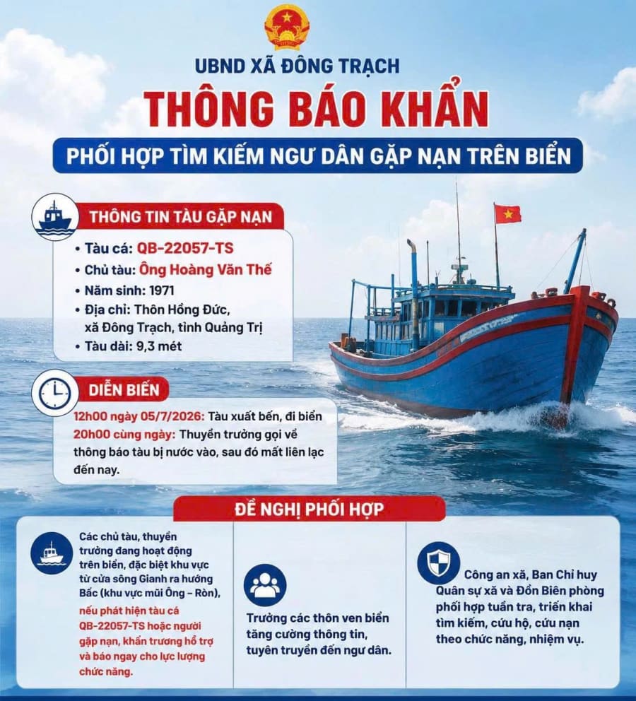 UBND xã Đông Trạch thông báo phối hợp tìm kiếm ngư dân gặp nạn trên biển-Ảnh: N.M.P